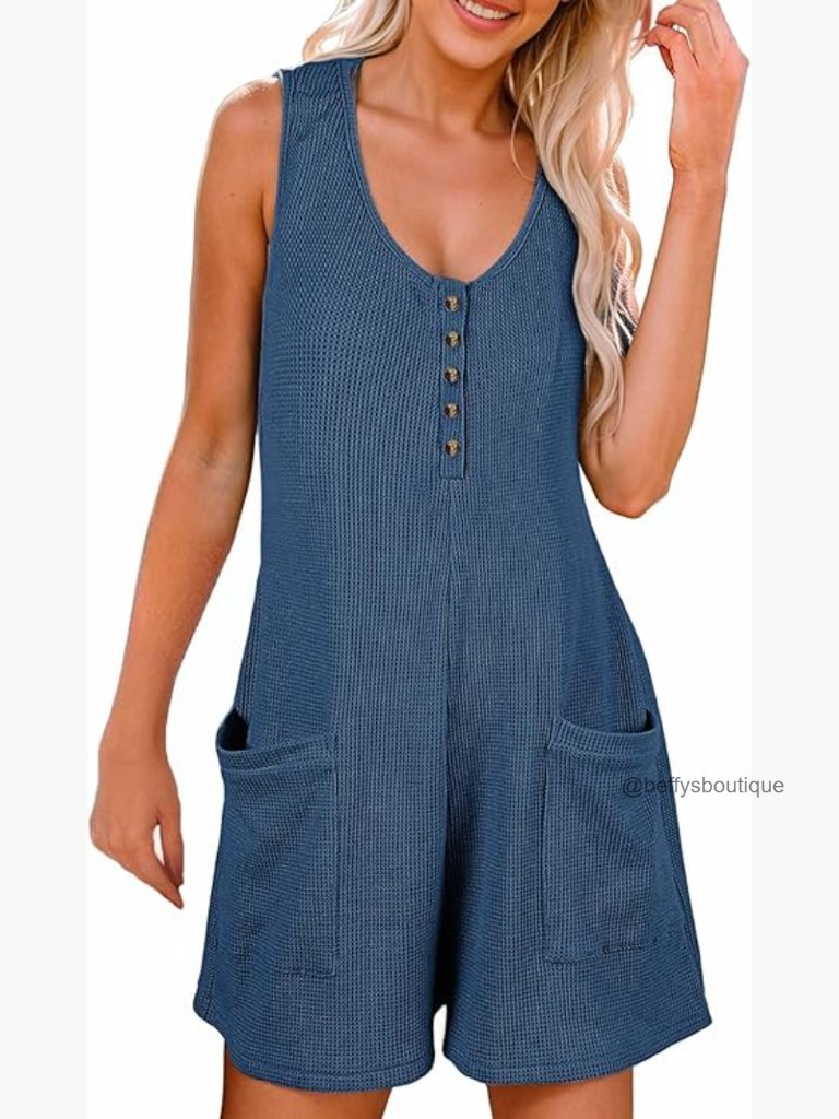 Womens Sleeveless Waffle Button Front Short Jumpsuit Romper With Pockets